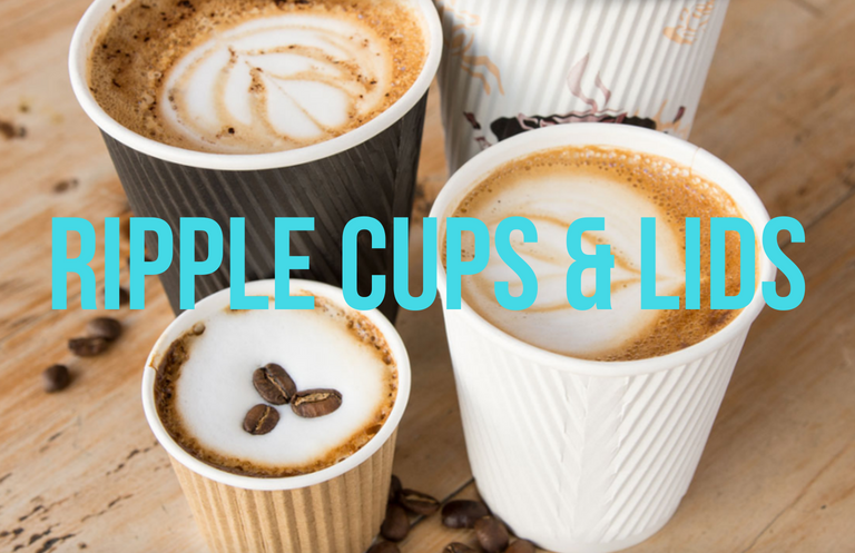takeaway coffee cups filled with hot drinks under the words ripple cups and lids