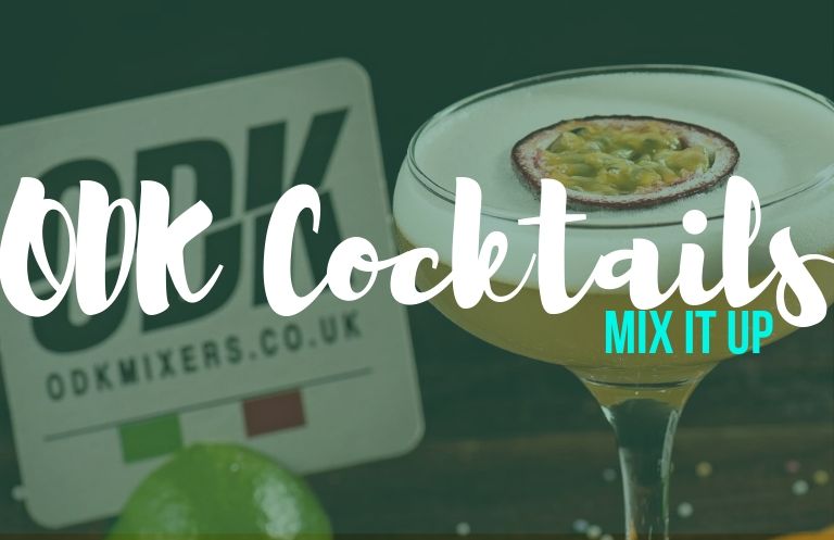 a cocktail in a glass under the words ODK cocktails