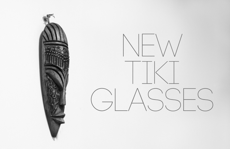 A middle easter mask next to the words new tiki glasses