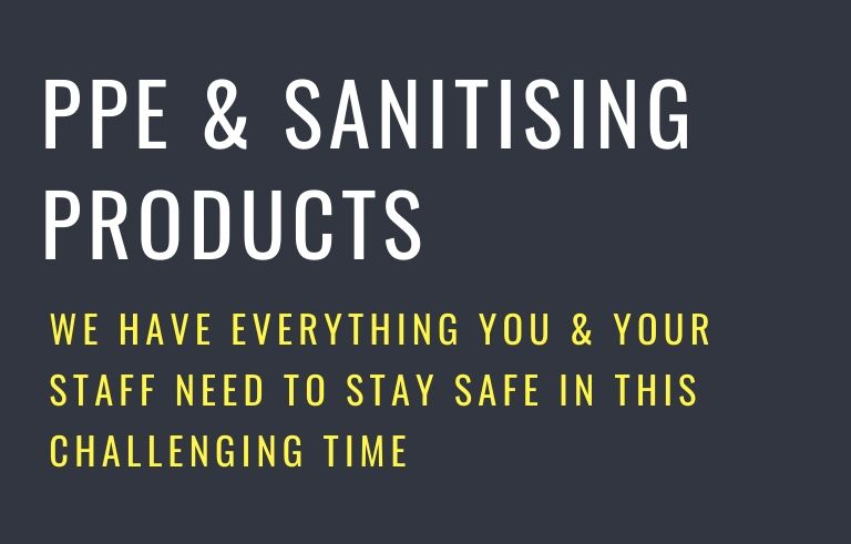 PPE & Sanitising products website banner. a black background with white and yellow writing